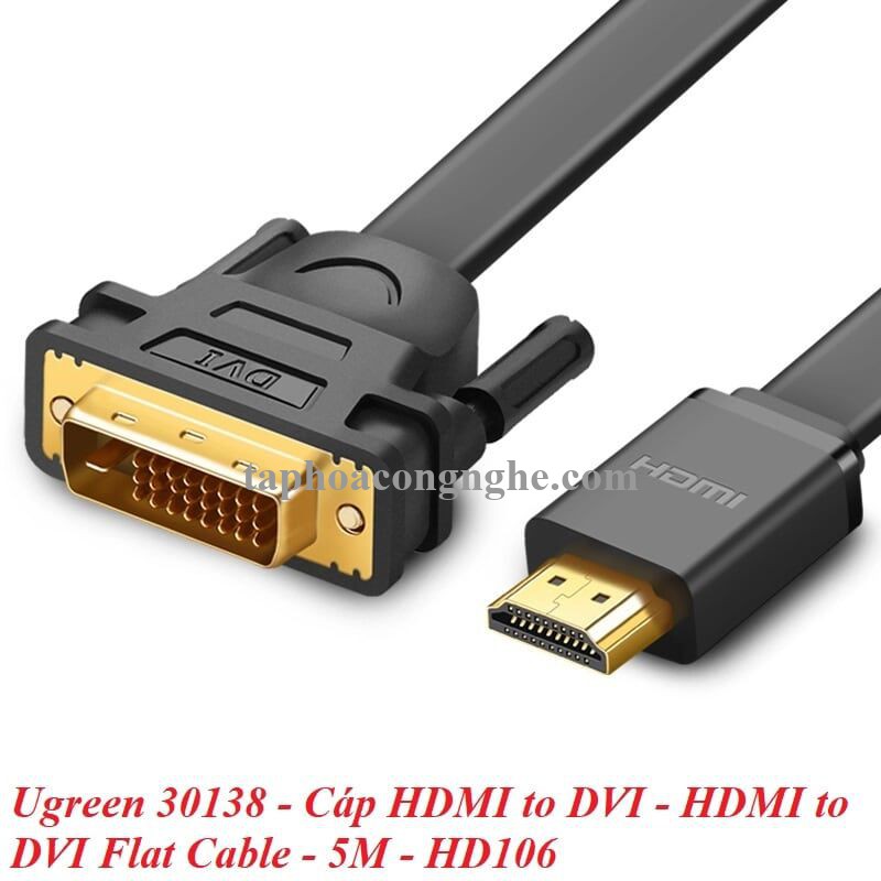 Ugreen 30138 5M màu Đen Cáp chuyển đổi HDMI sang DVI 24 + 1 thuần đồng cáp dẹt HD106 30030138